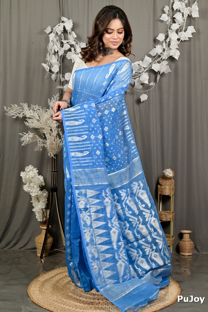 Sky Blue Cotton Folai Jamdani Saree (3106)