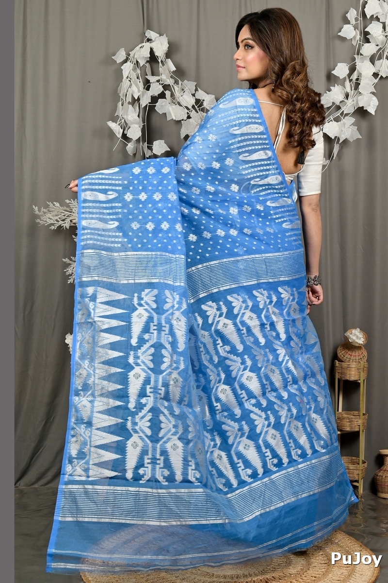 Sky Blue Cotton Folai Jamdani Saree (3106)