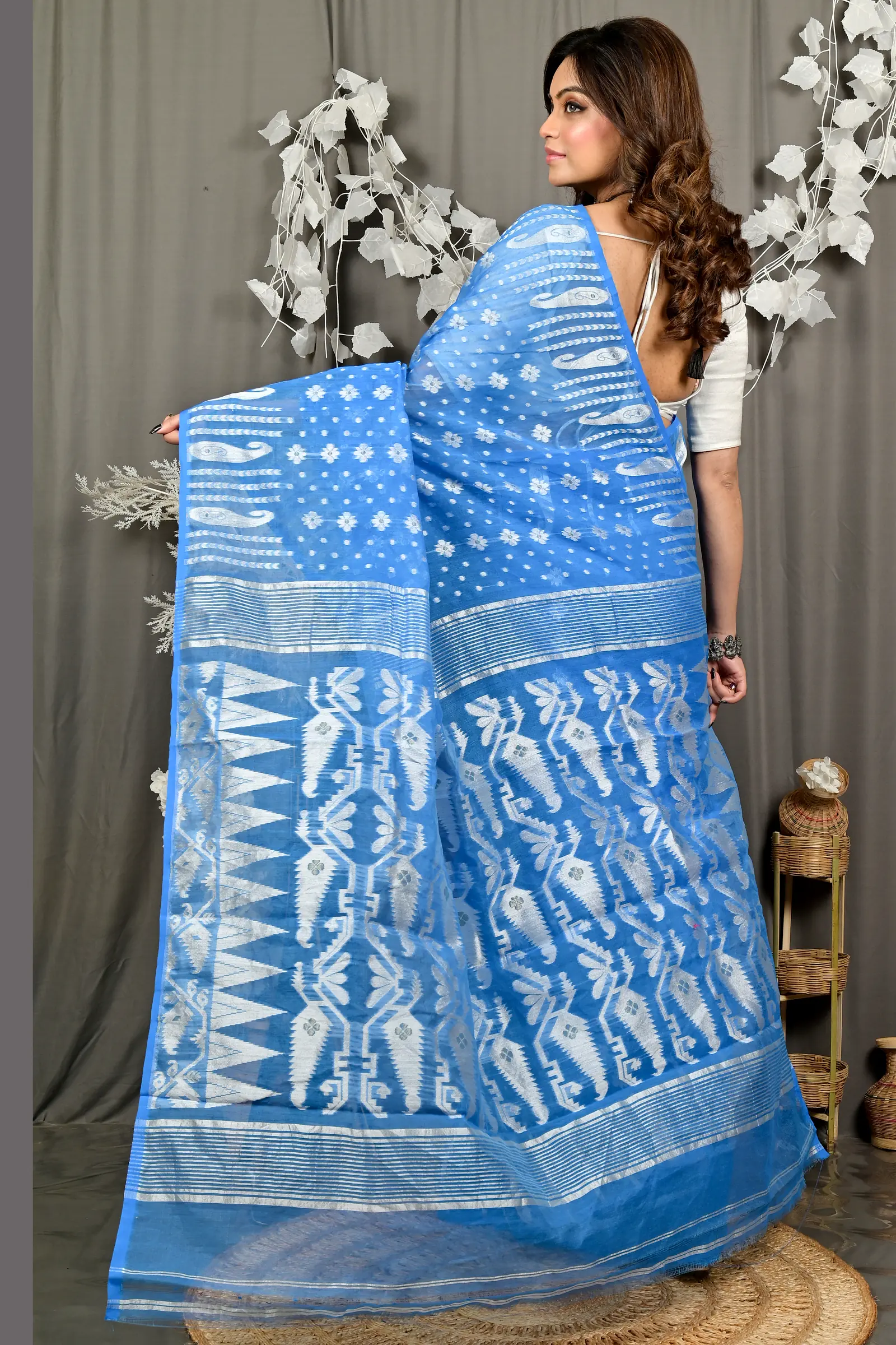 Sky Blue Cotton Folai Jamdani Saree (3106)