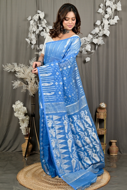 Sky Blue Cotton Folai Jamdani Saree (3106)