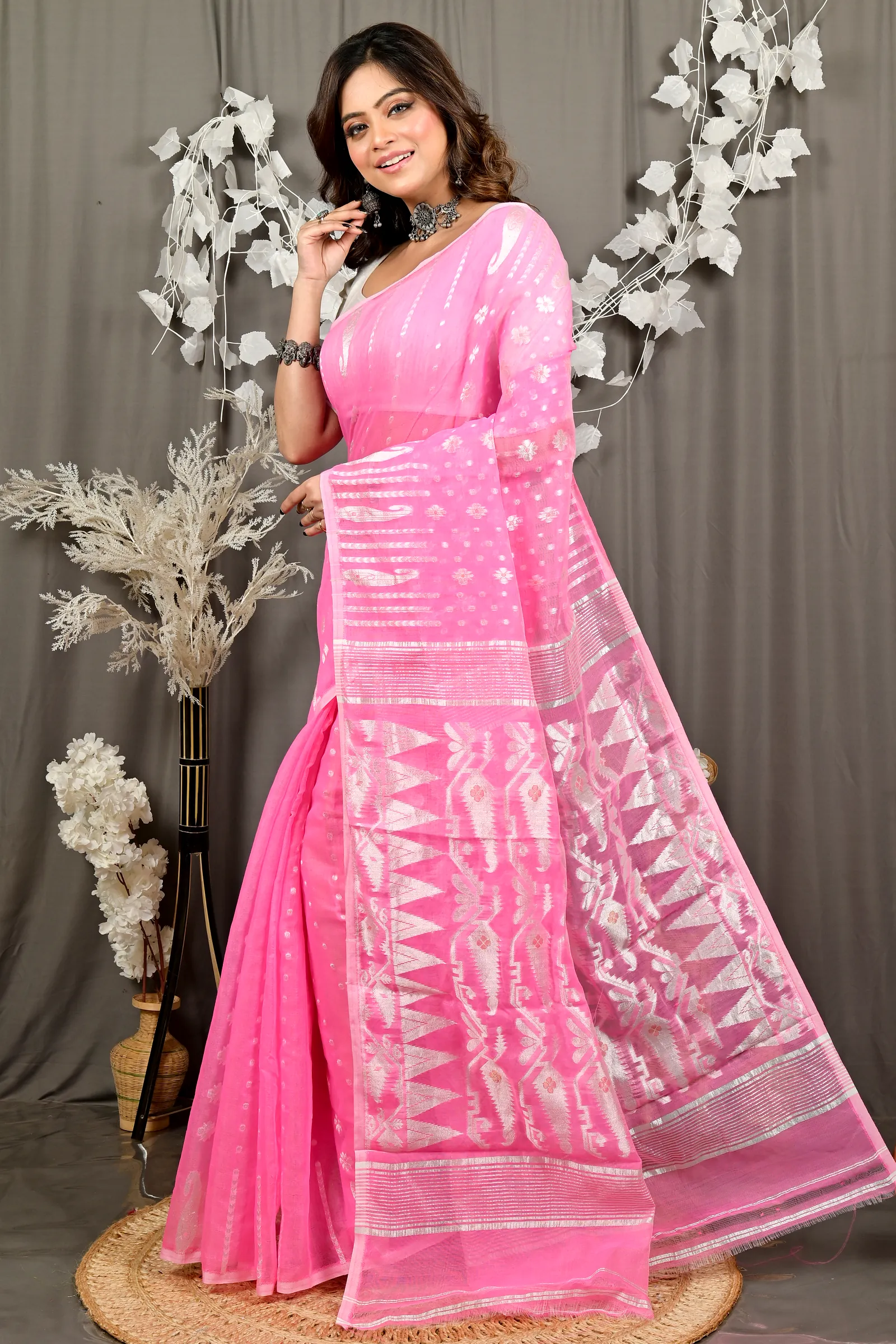 Baby Pink Cotton Folai Jamdani Saree (3108)