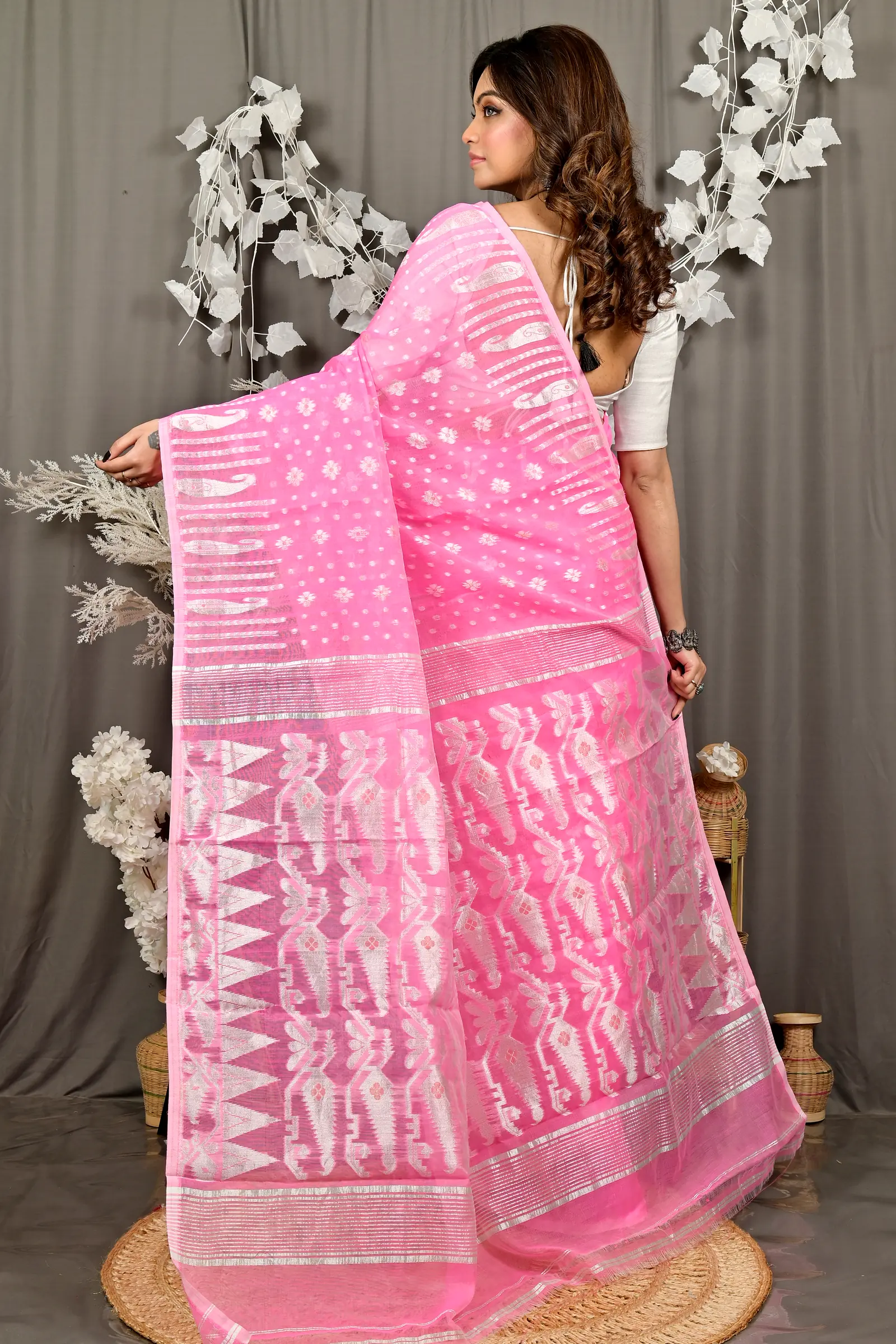 Baby Pink Cotton Folai Jamdani Saree (3108)