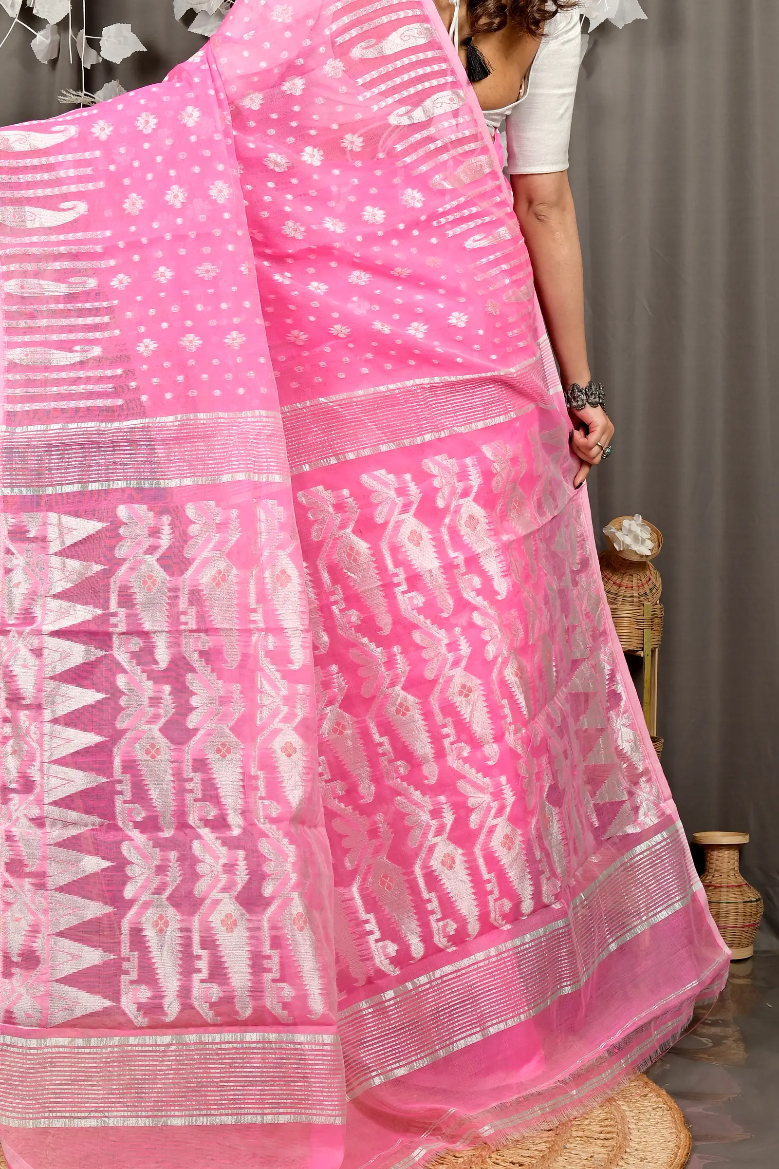 Baby Pink Cotton Folai Jamdani Saree (3108)