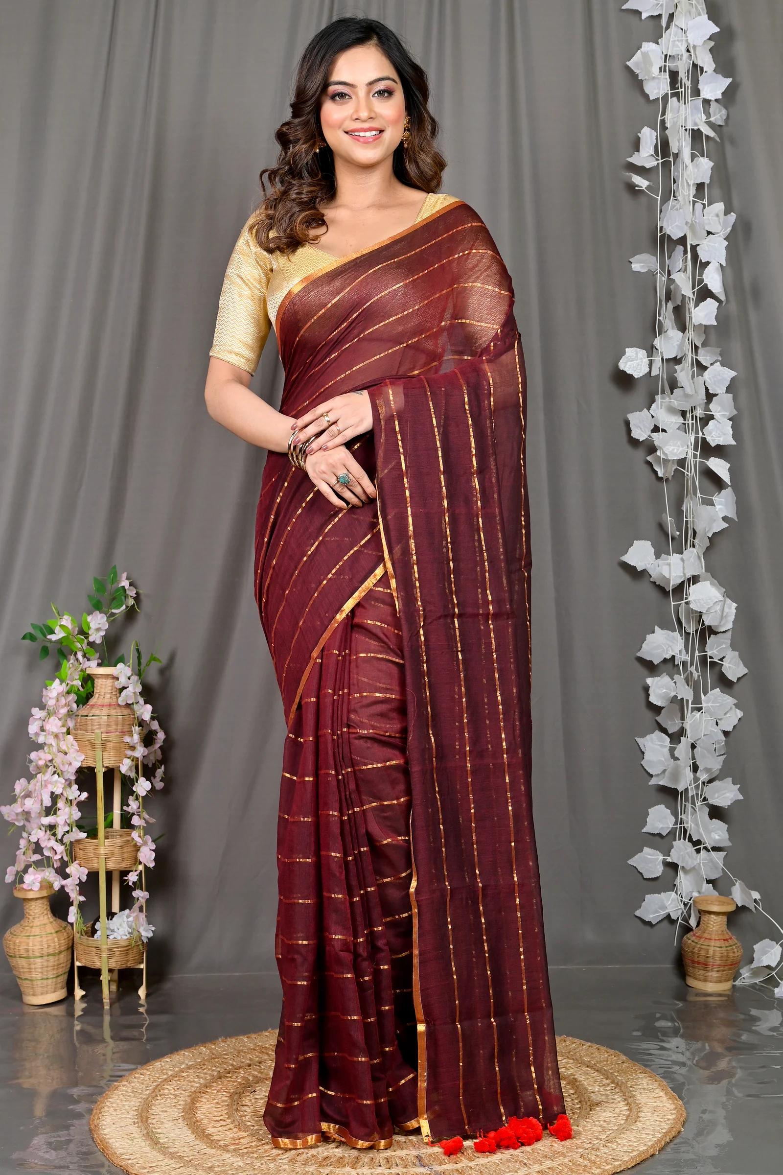 Maroon Mal Cotton Pari Hand Loom Saree (311)