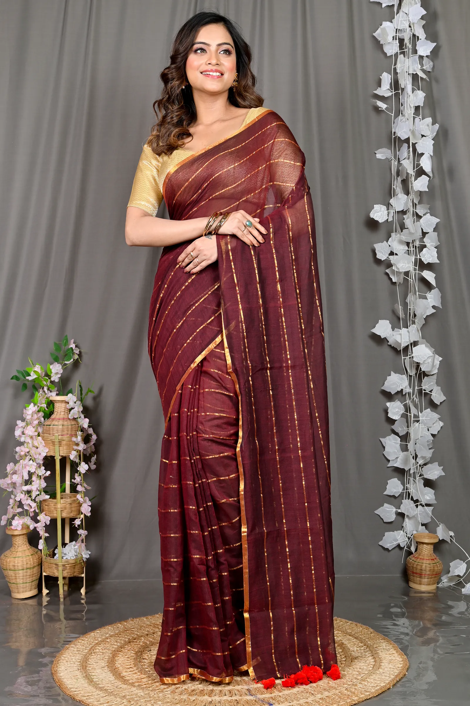 Maroon Mal Cotton Pari Hand Loom Saree (311)