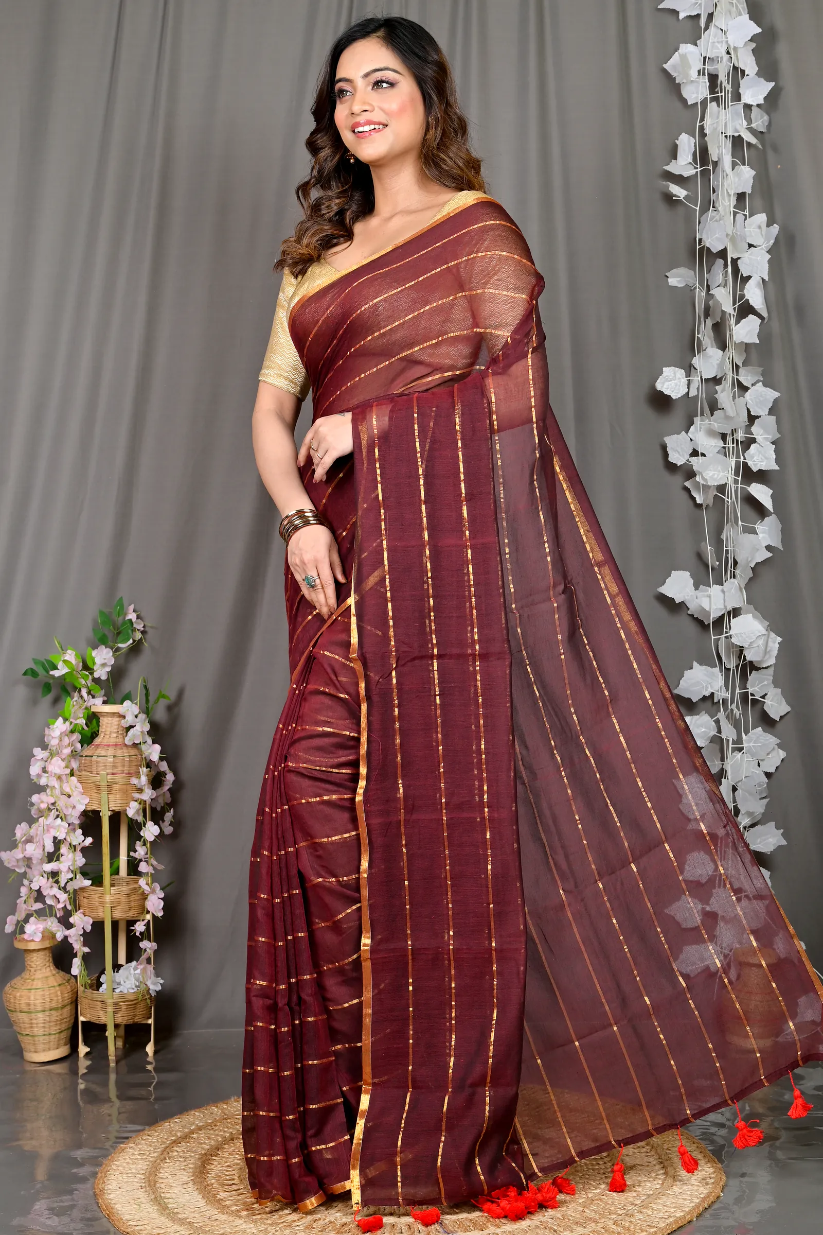 Maroon Mal Cotton Pari Hand Loom Saree (311)