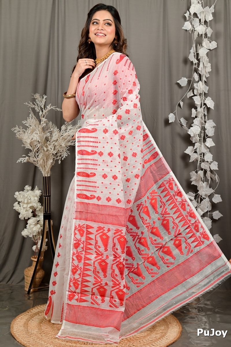 White Red Cotton Folai Jamdani Saree (3110)