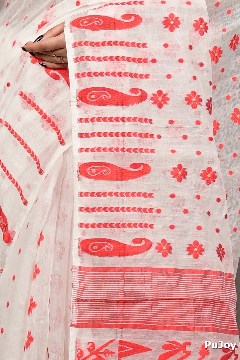 White Red Cotton Folai Jamdani Saree (3110)