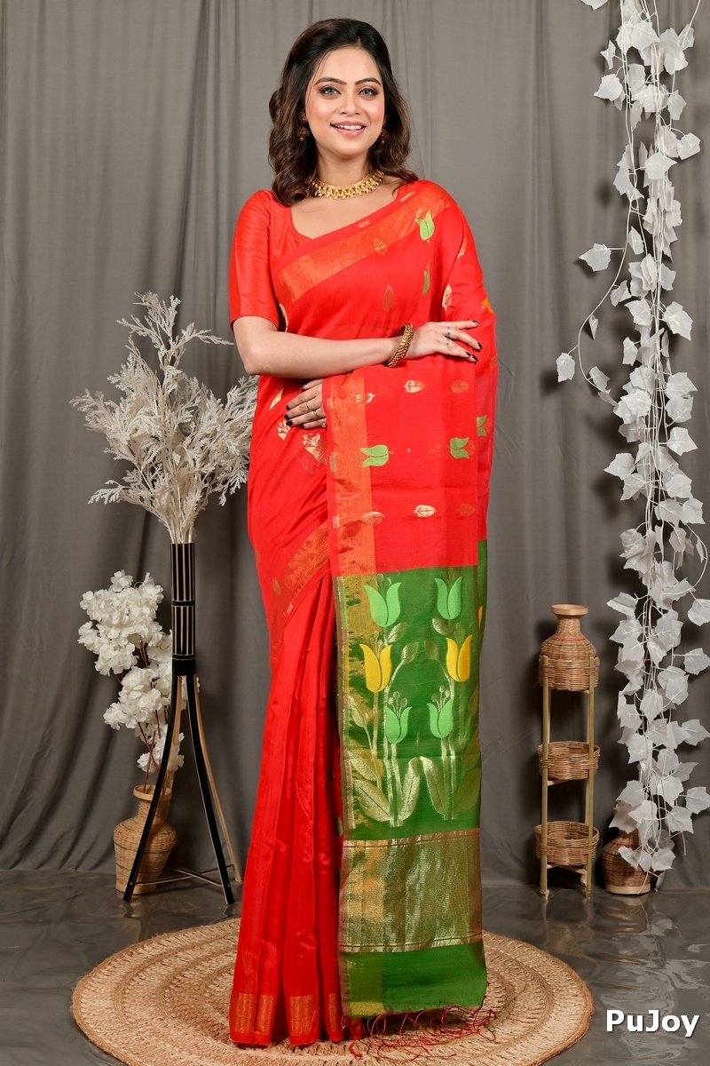 Red Green Blended Cotton Foyani Hand Loom Saree (3112)