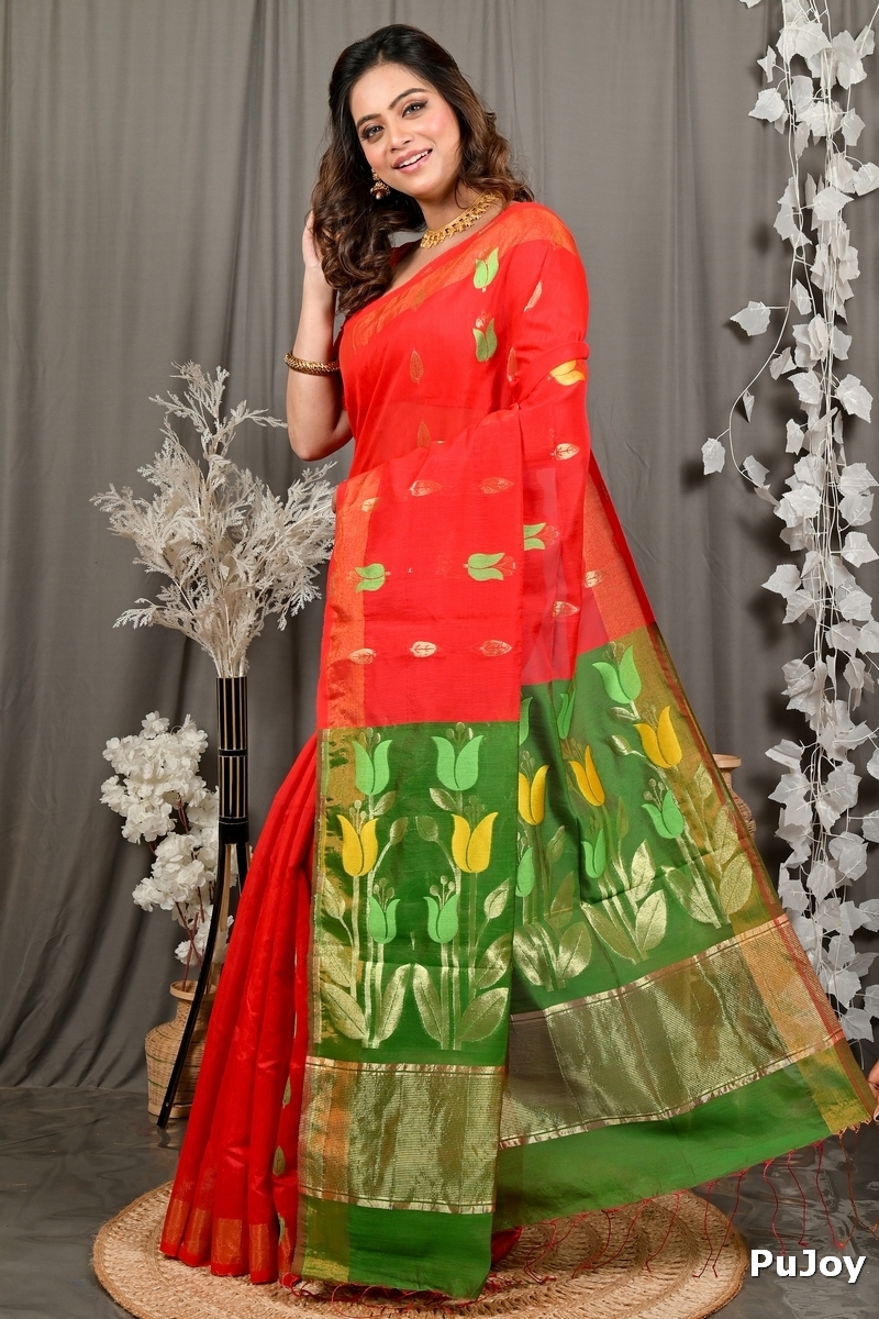 Red Green Blended Cotton Foyani Hand Loom Saree (3112)