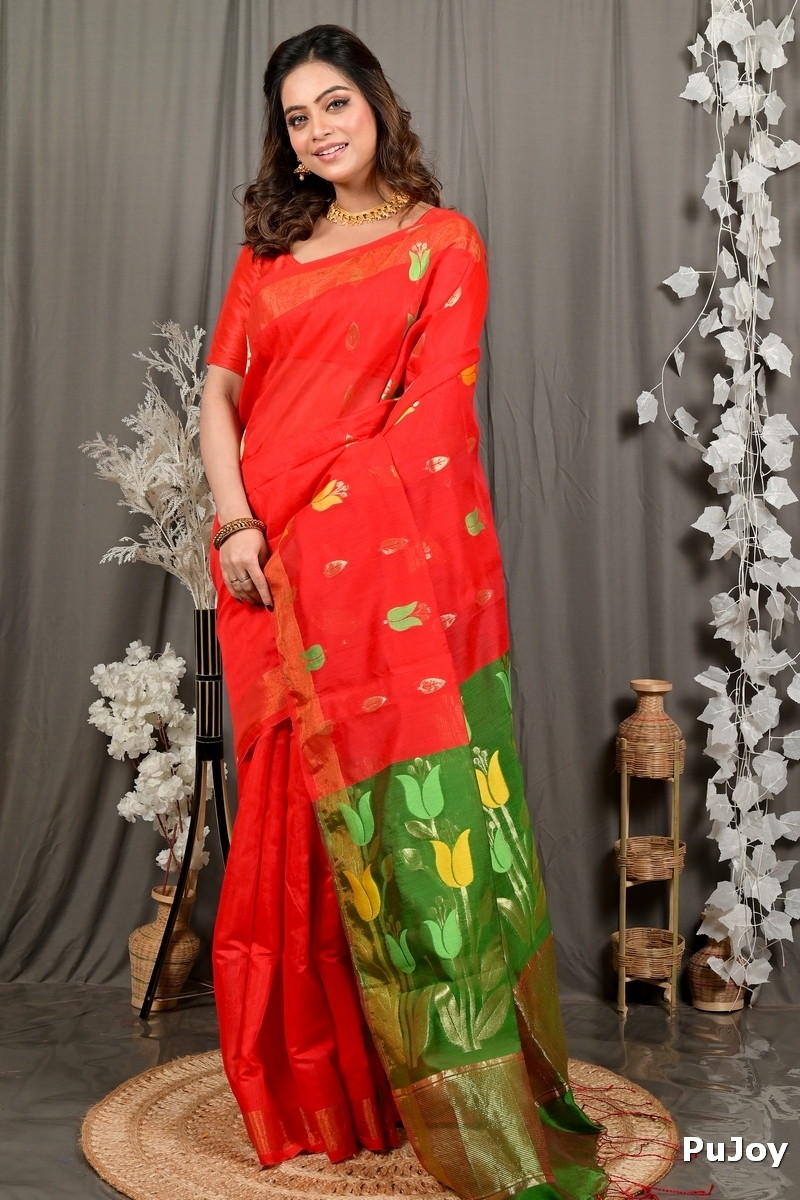 Red Green Blended Cotton Foyani Hand Loom Saree (3112)