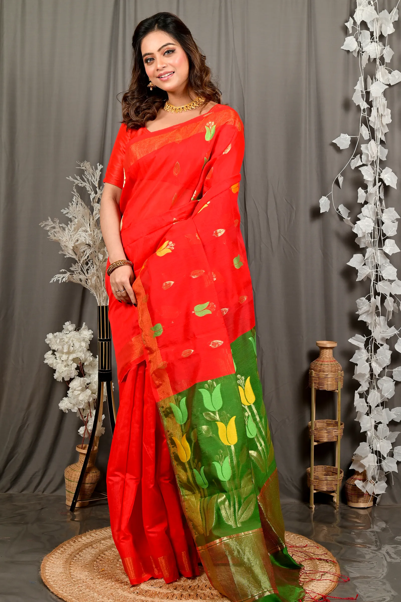 Red Green Blended Cotton Foyani Hand Loom Saree (3112)