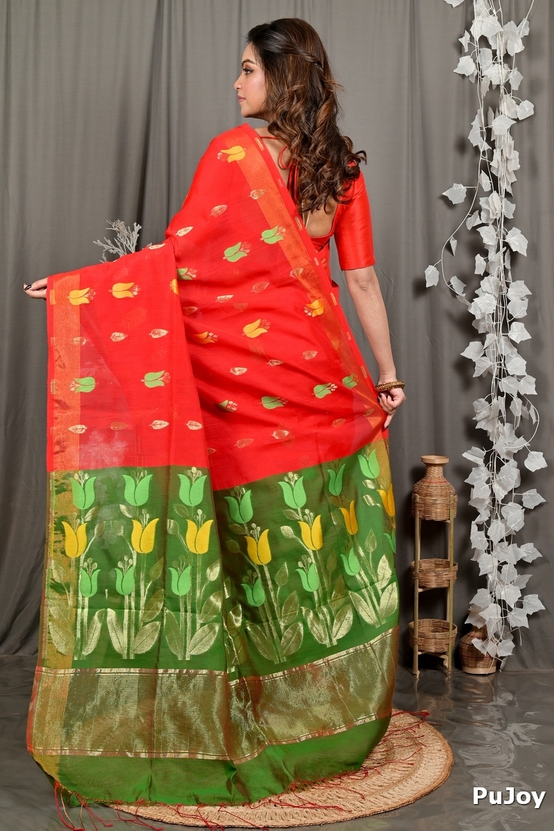 Red Green Blended Cotton Foyani Hand Loom Saree (3112)