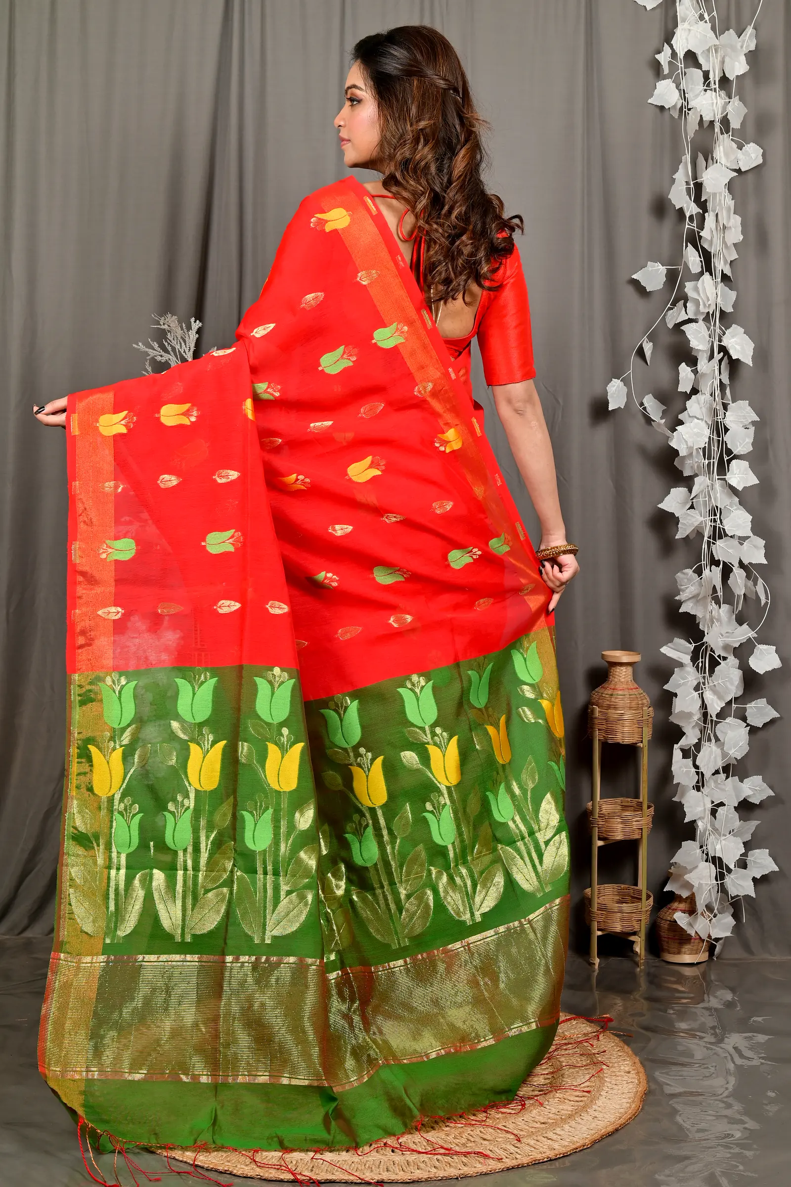Red Green Blended Cotton Foyani Hand Loom Saree (3112)