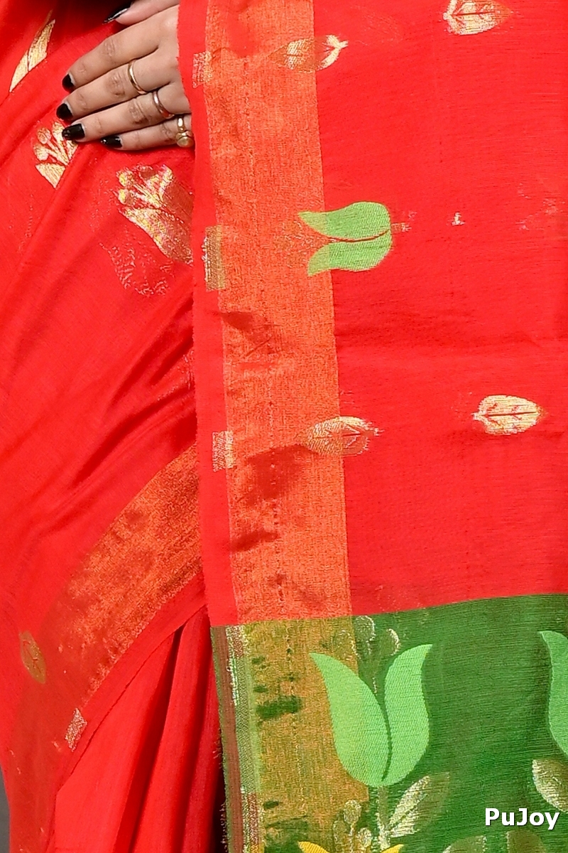 Red Green Blended Cotton Foyani Hand Loom Saree (3112)