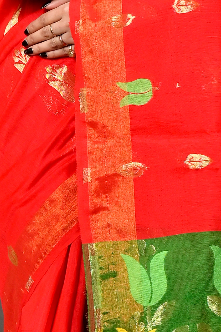 Red Green Blended Cotton Foyani Hand Loom Saree (3112)
