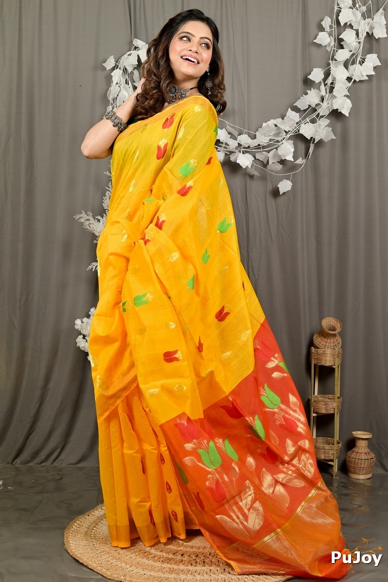 Yellow Red Blended Cotton Foyani Hand Loom Saree (3113)