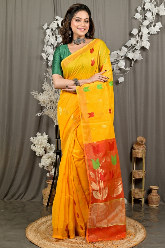 Yellow Red Blended Cotton Foyani Hand Loom Saree (3113)
