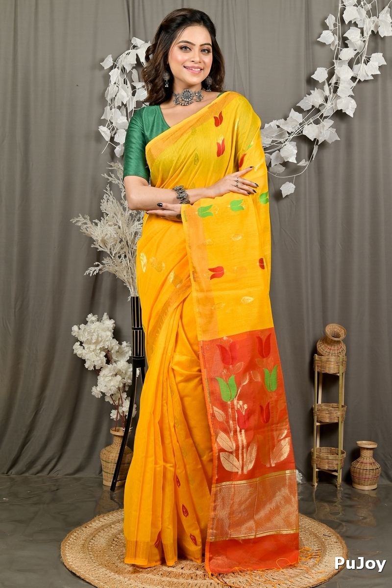 Yellow Red Blended Cotton Foyani Hand Loom Saree (3113)