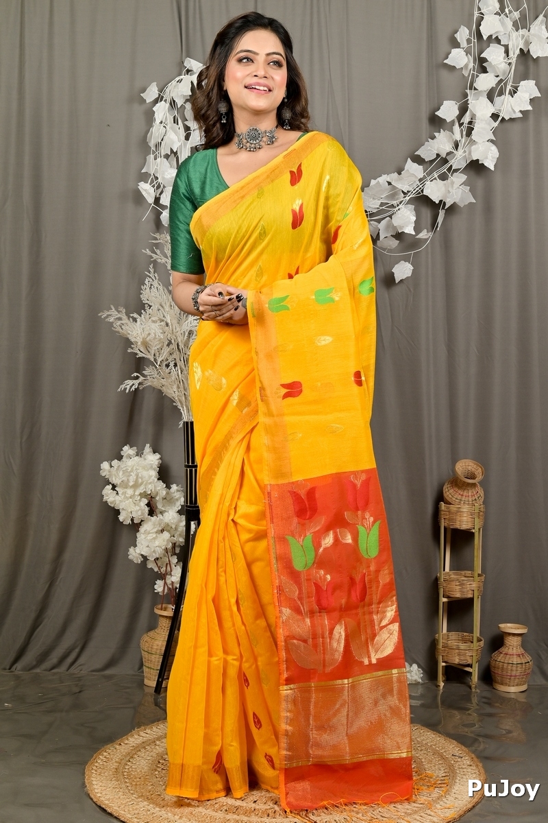 Yellow Red Blended Cotton Foyani Hand Loom Saree (3113)