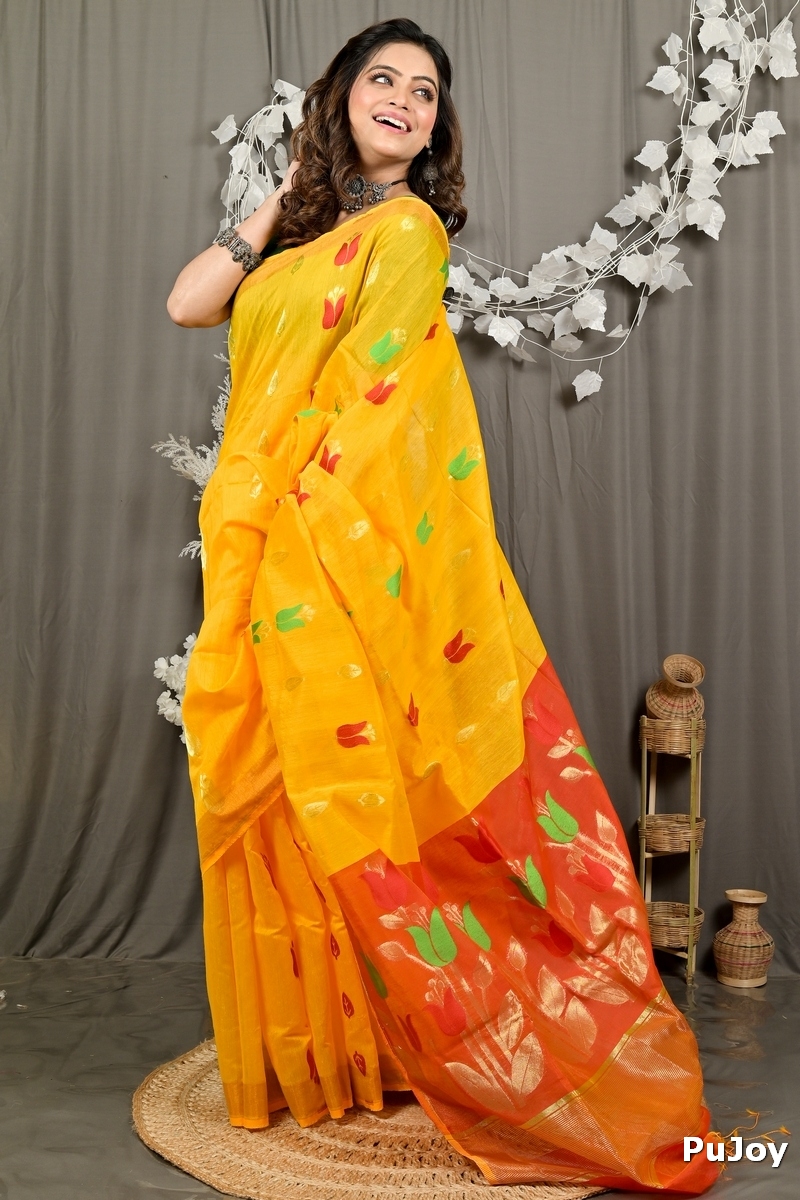 Yellow Red Blended Cotton Foyani Hand Loom Saree (3113)