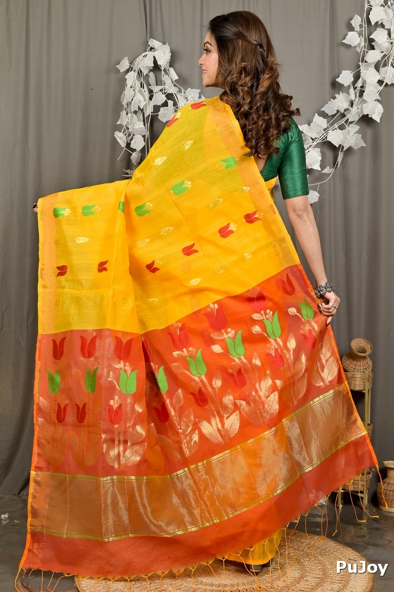 Yellow Red Blended Cotton Foyani Hand Loom Saree (3113)