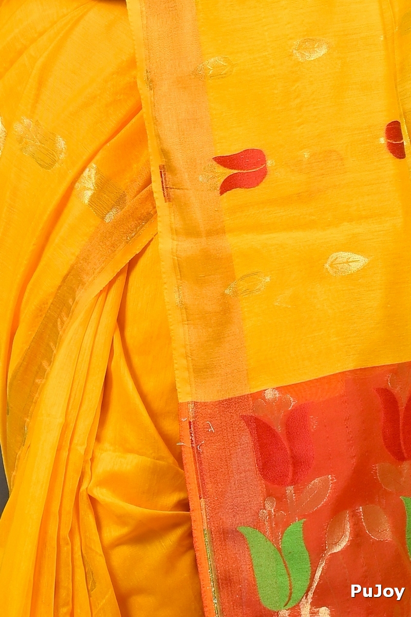Yellow Red Blended Cotton Foyani Hand Loom Saree (3113)