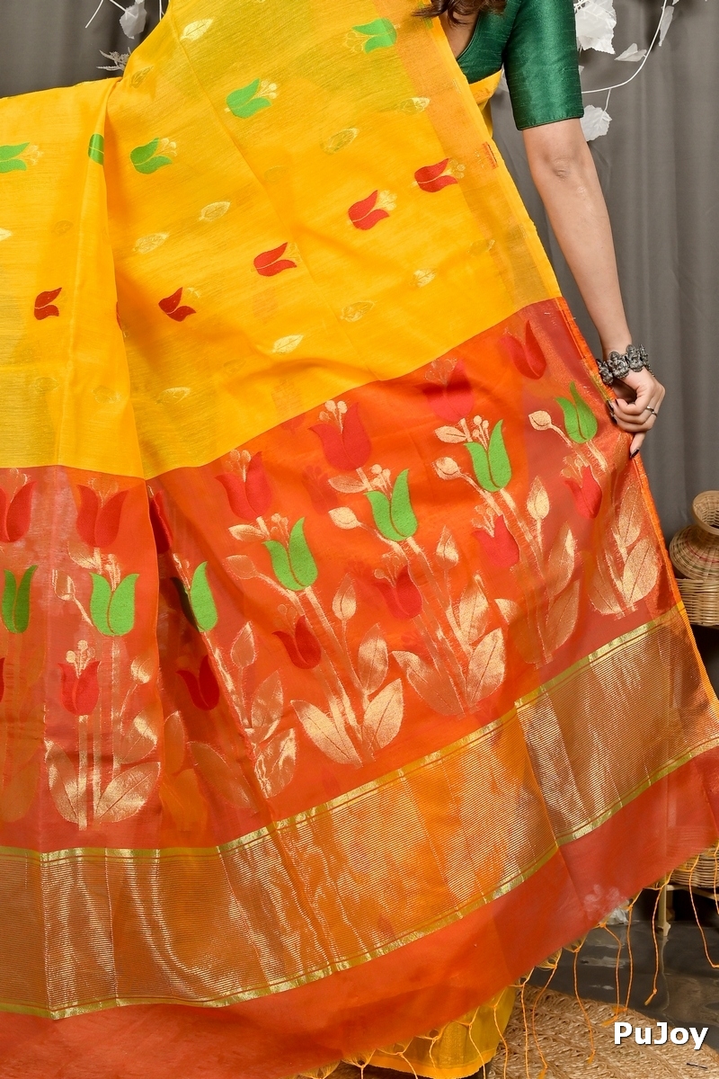 Yellow Red Blended Cotton Foyani Hand Loom Saree (3113)