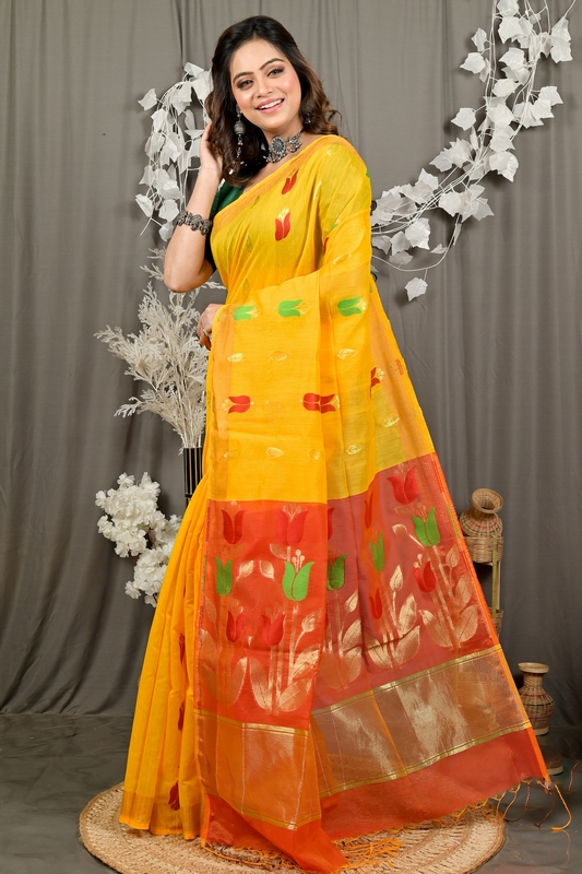 Yellow Red Blended Cotton Foyani Hand Loom Saree (3113)