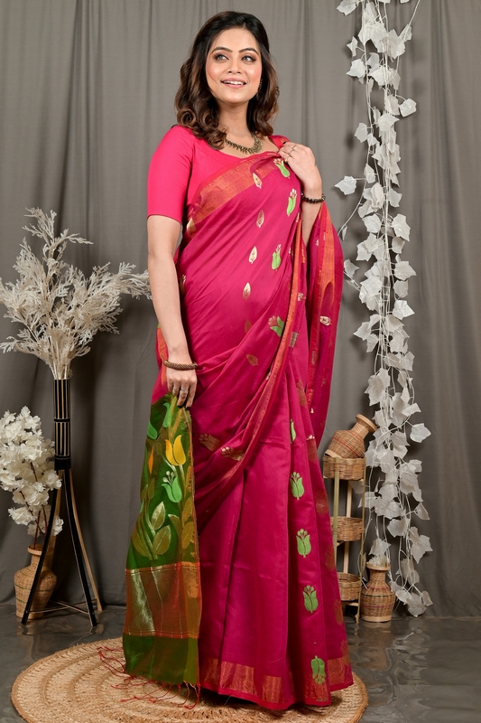 Purple Green Blended Cotton Foyani Hand Loom Saree (3114)