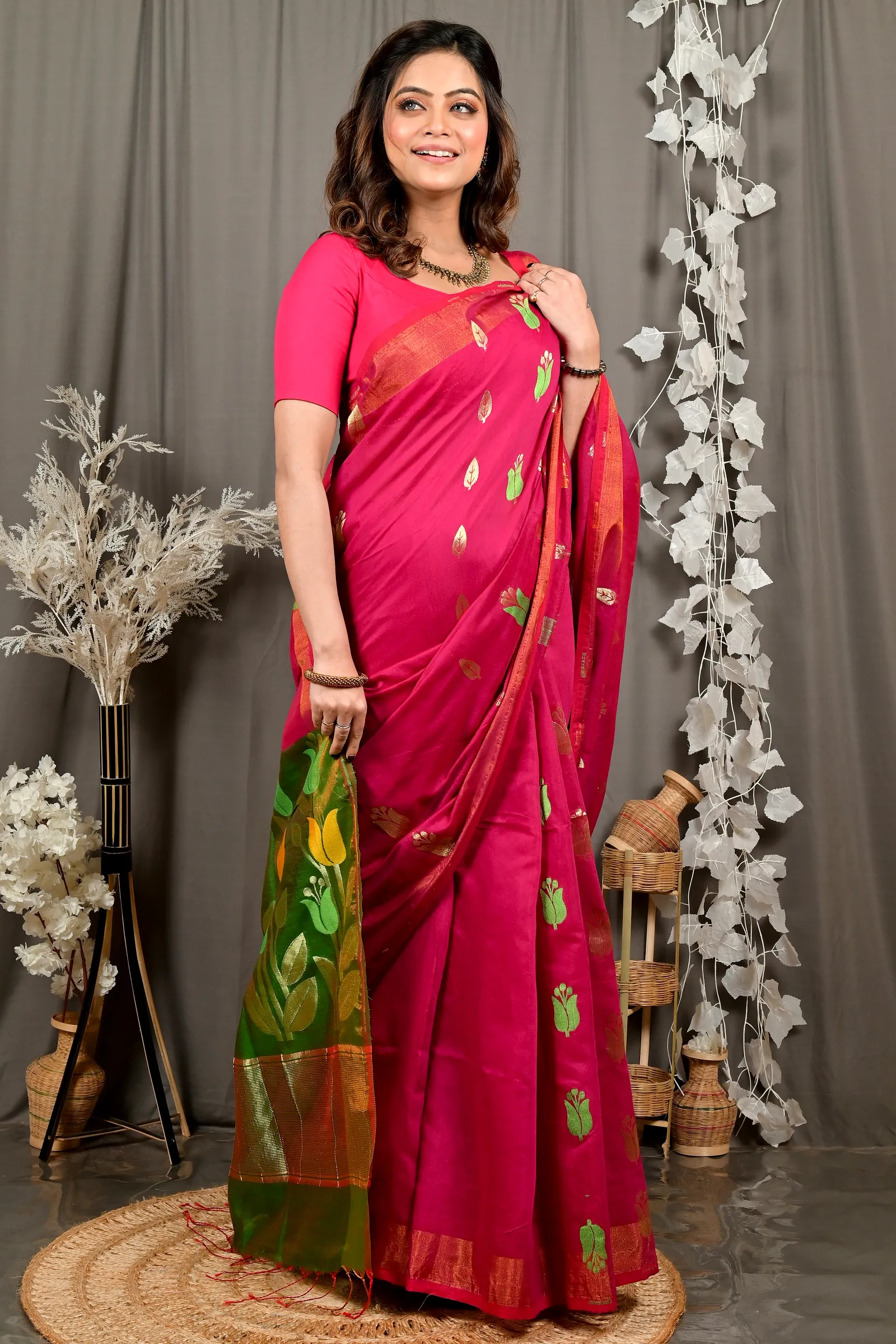 Purple Green Blended Cotton Foyani Hand Loom Saree (3114)