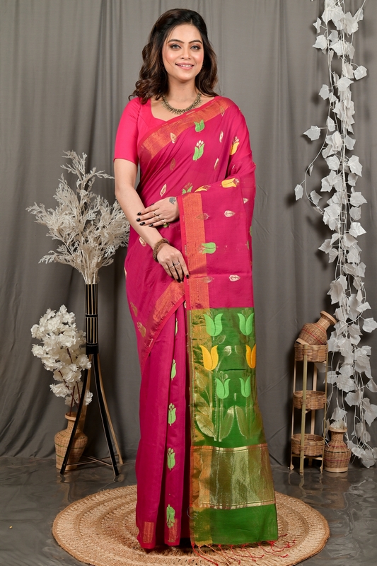 Purple Green Blended Cotton Foyani Hand Loom Saree (3114)