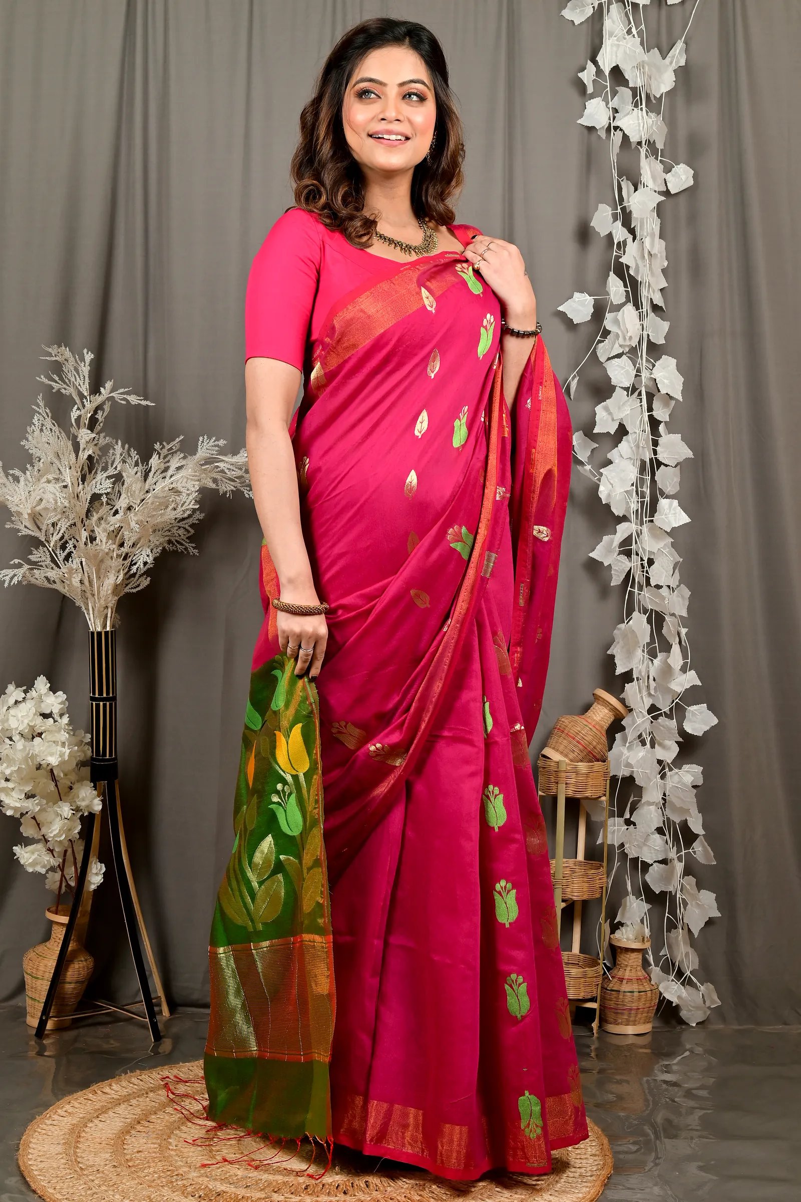 Purple Green Blended Cotton Foyani Hand Loom Saree (3114)