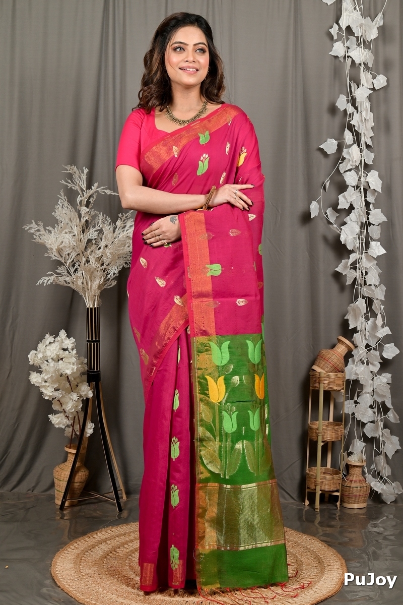 Purple Green Blended Cotton Foyani Hand Loom Saree (3114)
