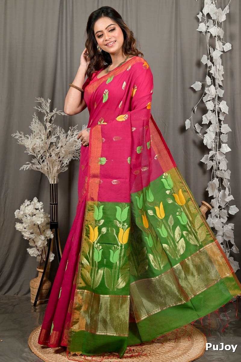 Purple Green Blended Cotton Foyani Hand Loom Saree (3114)