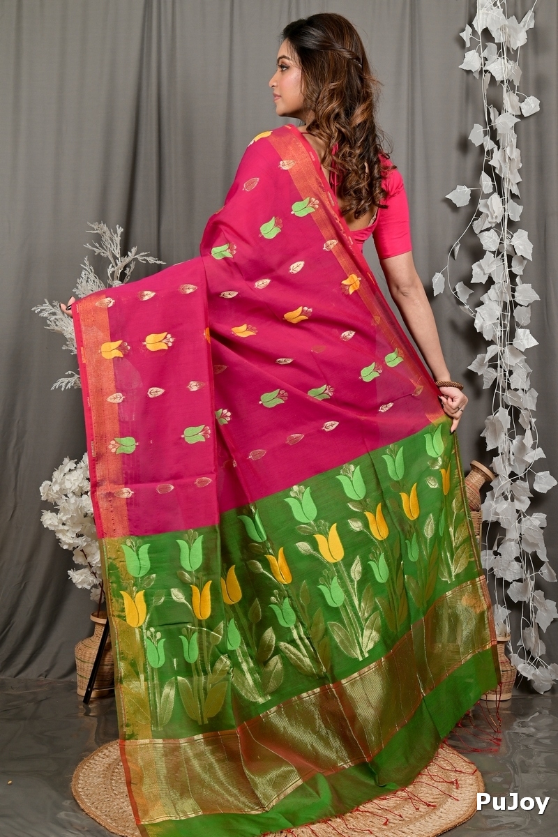 Purple Green Blended Cotton Foyani Hand Loom Saree (3114)