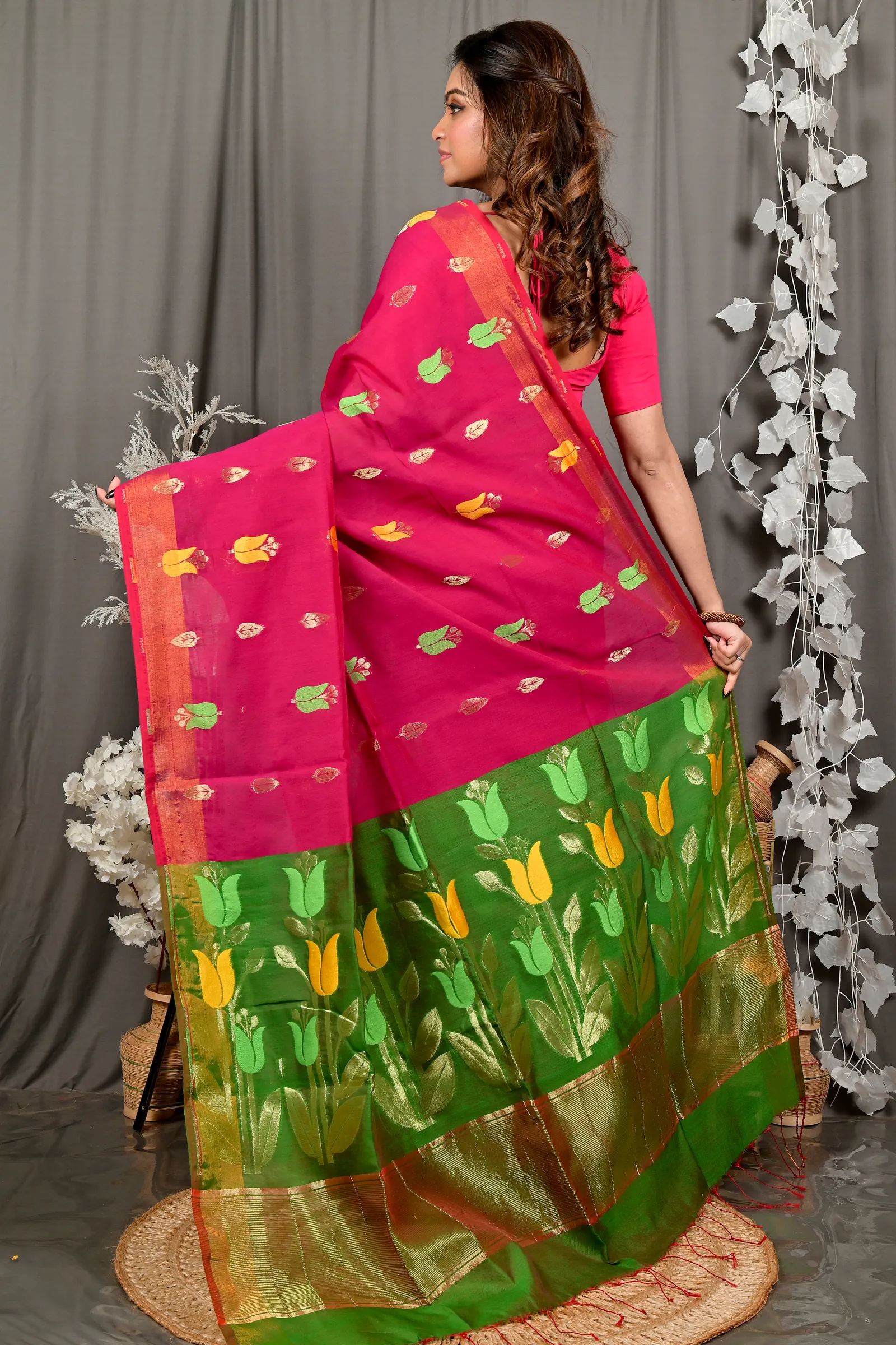 Purple Green Blended Cotton Foyani Hand Loom Saree (3114)