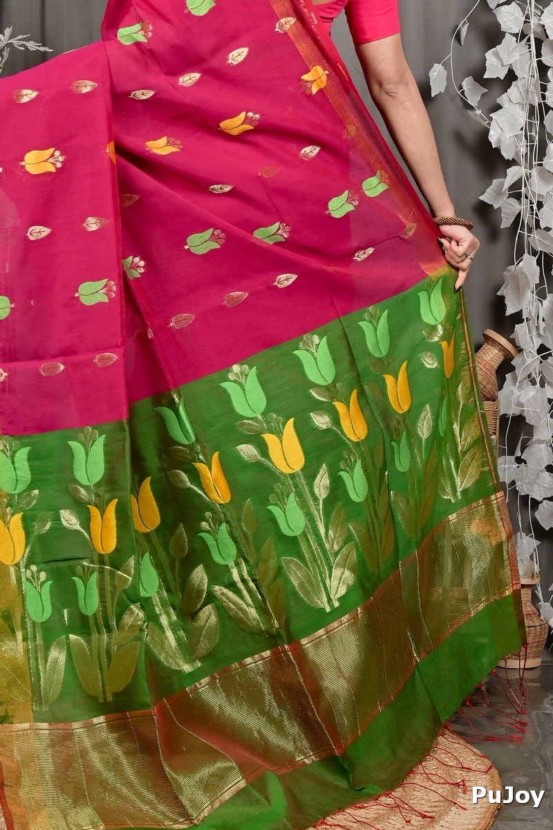 Purple Green Blended Cotton Foyani Hand Loom Saree (3114)
