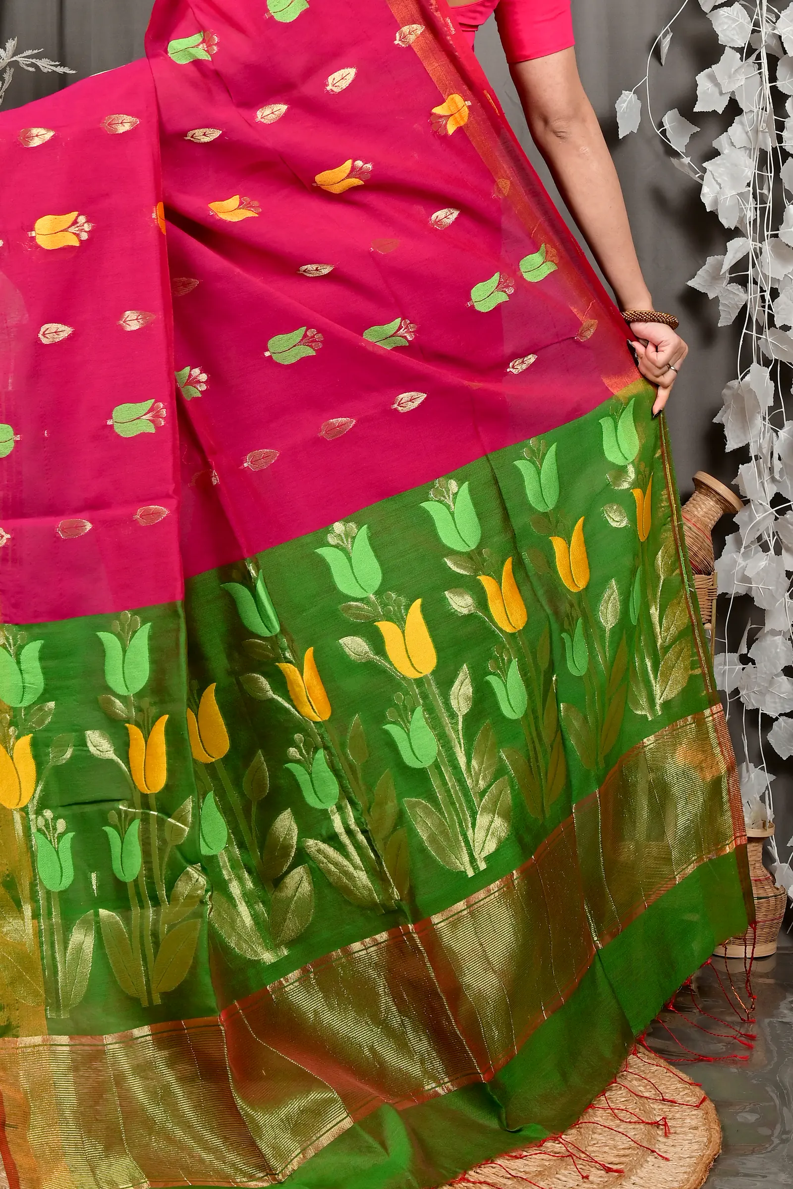 Purple Green Blended Cotton Foyani Hand Loom Saree (3114)