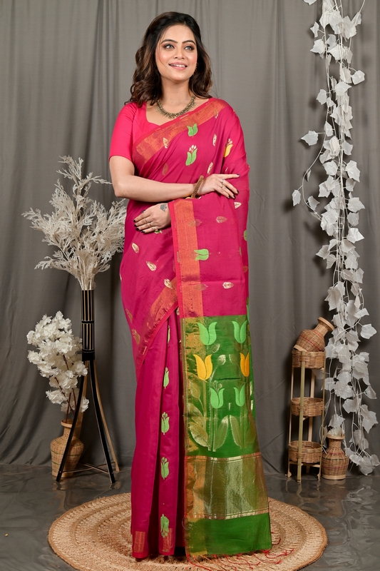 Purple Green Blended Cotton Foyani Hand Loom Saree (3114)