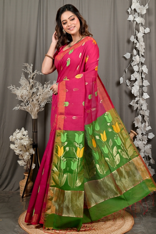 Purple Green Blended Cotton Foyani Hand Loom Saree (3114)