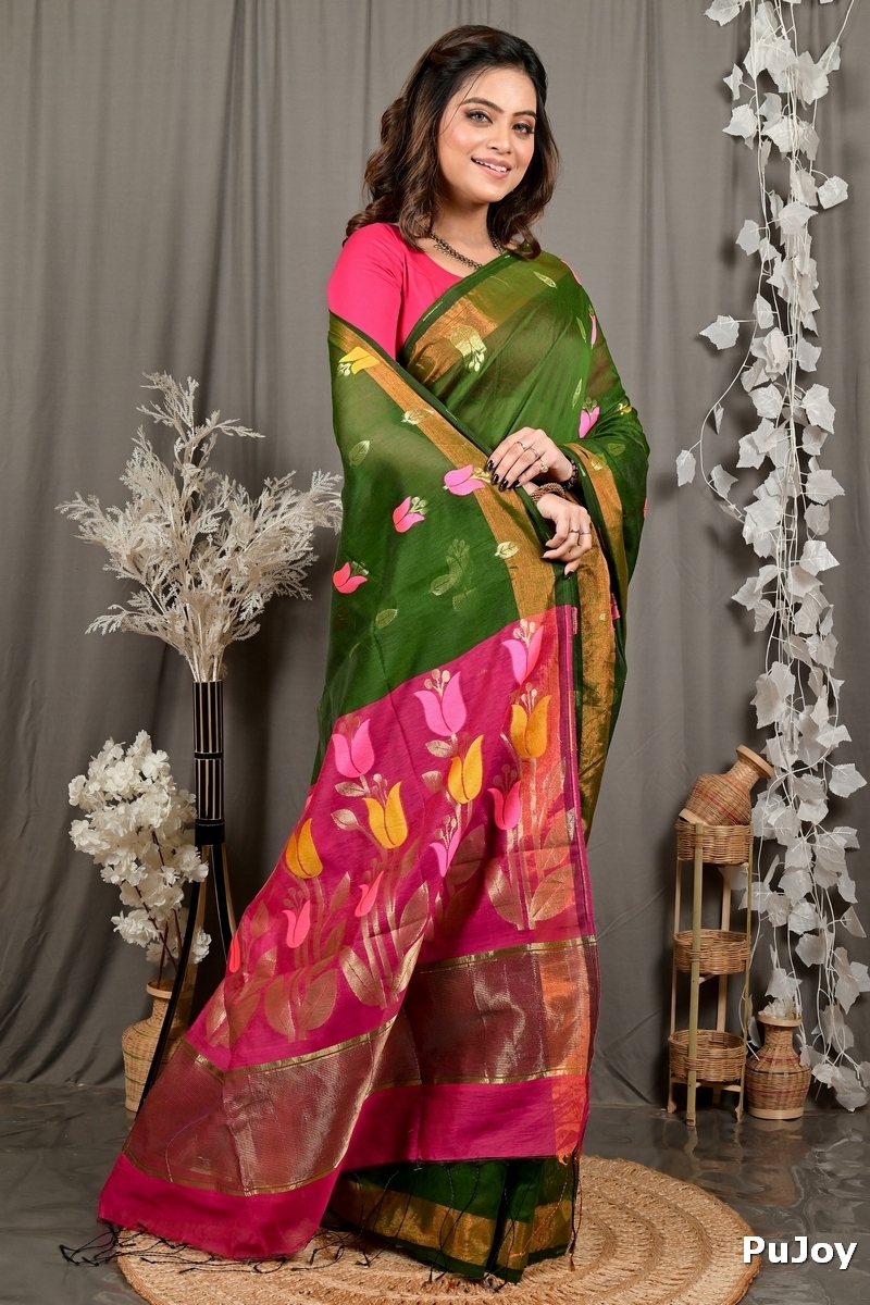 Dark Green Purpel Blended Cotton Foyani Hand Loom Saree (3115)