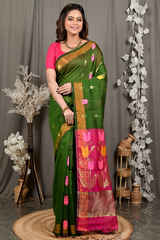 Dark Green Purpel Blended Cotton Foyani Hand Loom Saree (3115)