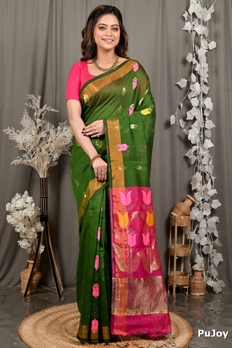 Dark Green Purpel Blended Cotton Foyani Hand Loom Saree (3115)