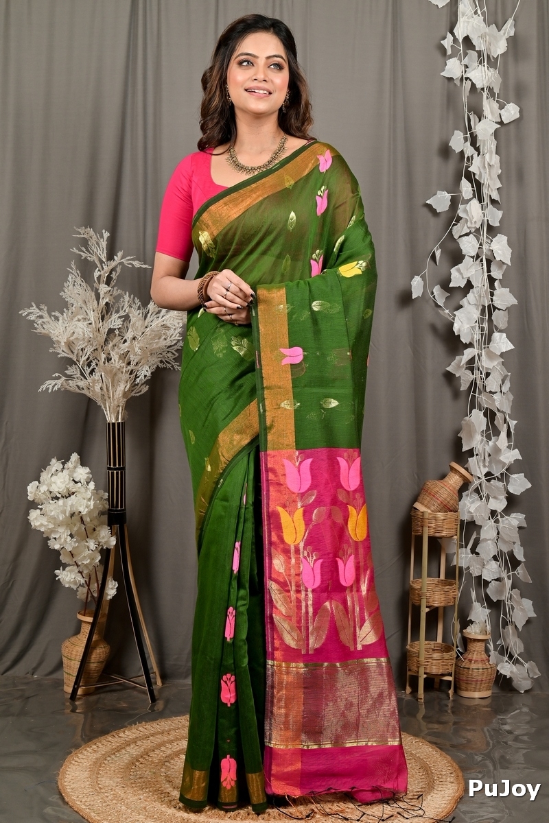 Dark Green Purpel Blended Cotton Foyani Hand Loom Saree (3115)