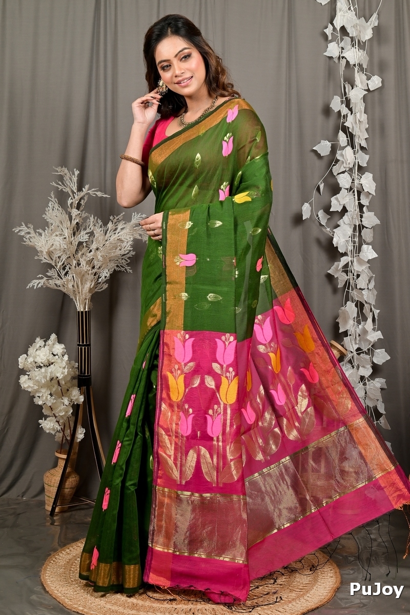 Dark Green Purpel Blended Cotton Foyani Hand Loom Saree (3115)