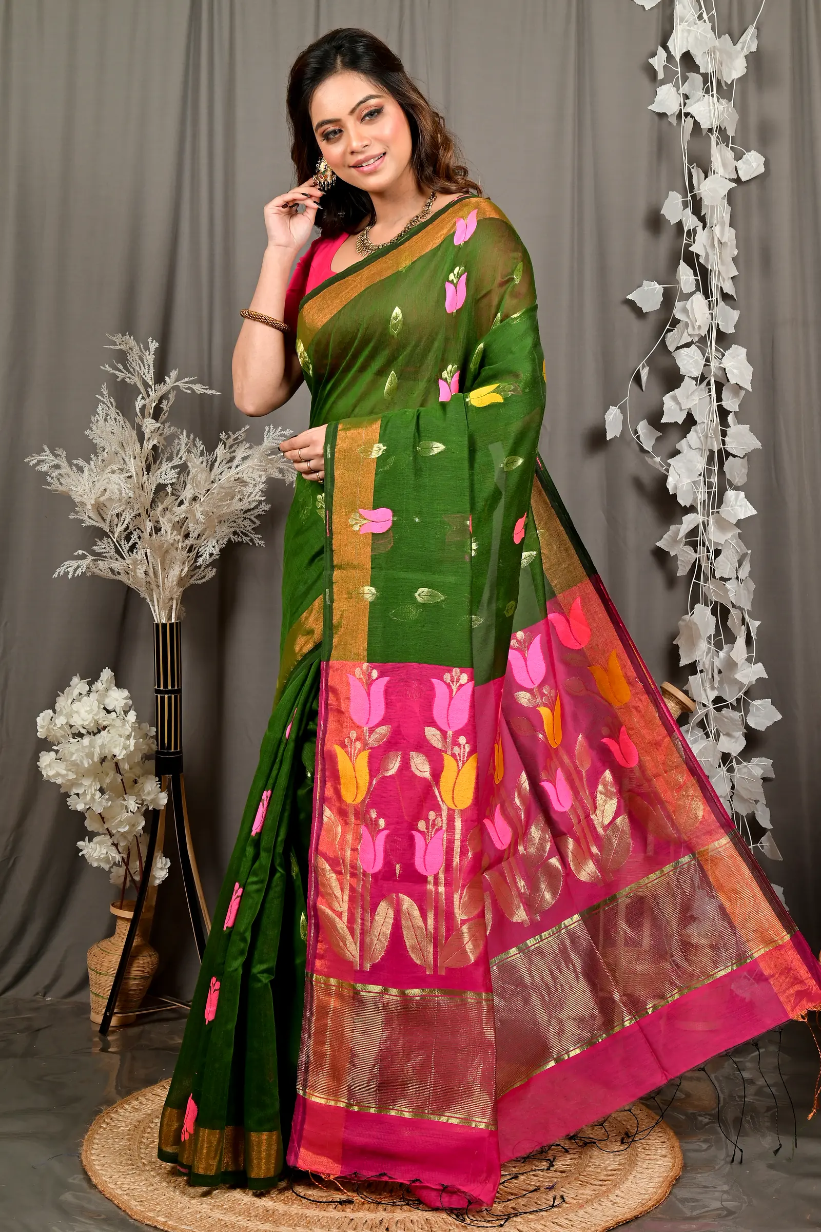 Dark Green Purpel Blended Cotton Foyani Hand Loom Saree (3115)