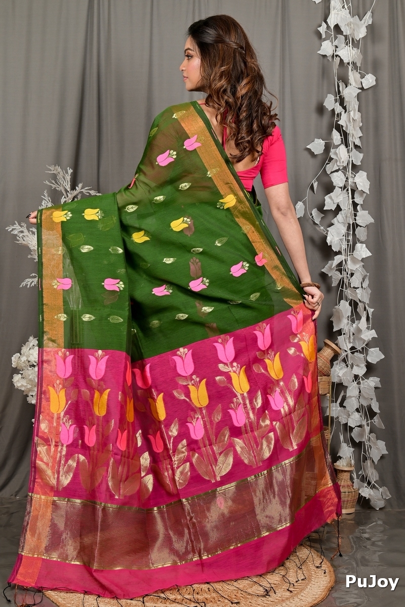 Dark Green Purpel Blended Cotton Foyani Hand Loom Saree (3115)
