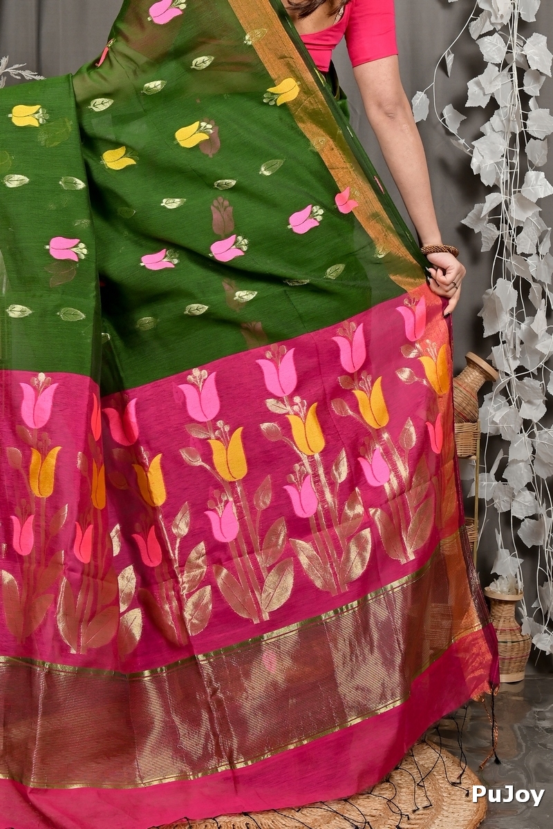Dark Green Purpel Blended Cotton Foyani Hand Loom Saree (3115)