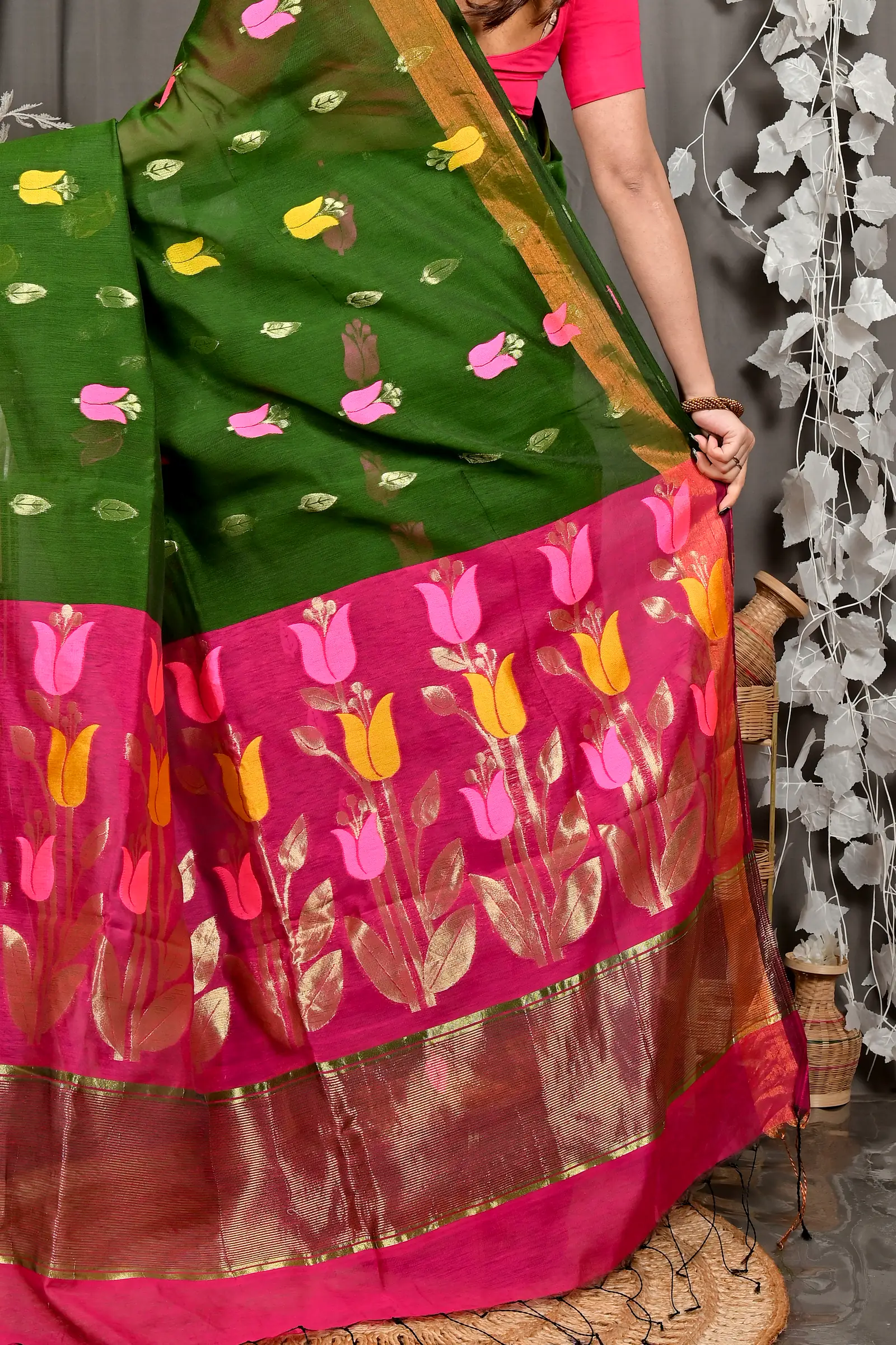 Dark Green Purpel Blended Cotton Foyani Hand Loom Saree (3115)